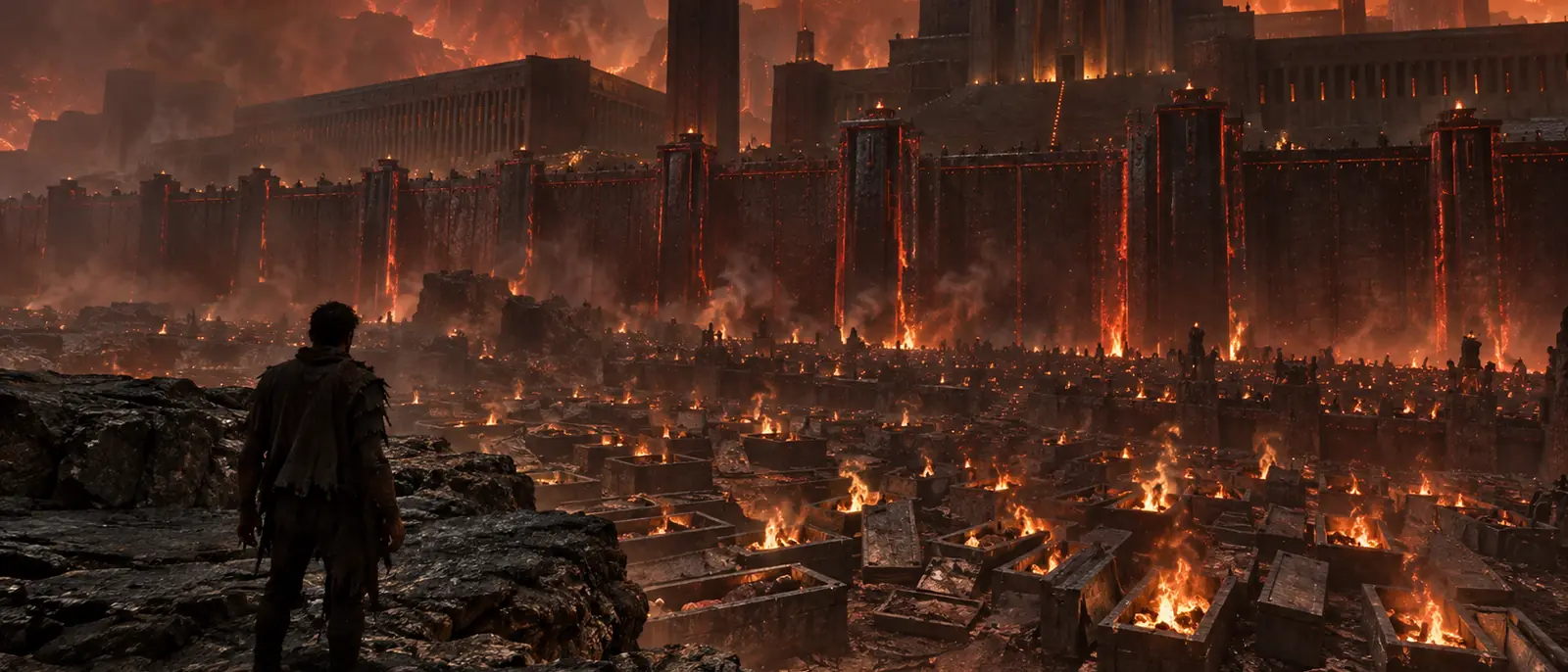 A man looks over a burning field of open tombs toward the red-lit walls of a fortified city.