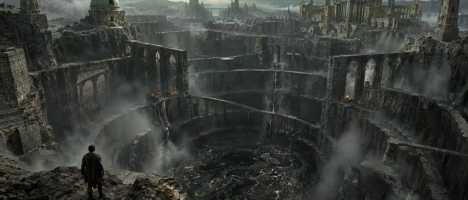A man stands at the rim of vast terraced pits filled with fog, with a gilded city far behind.