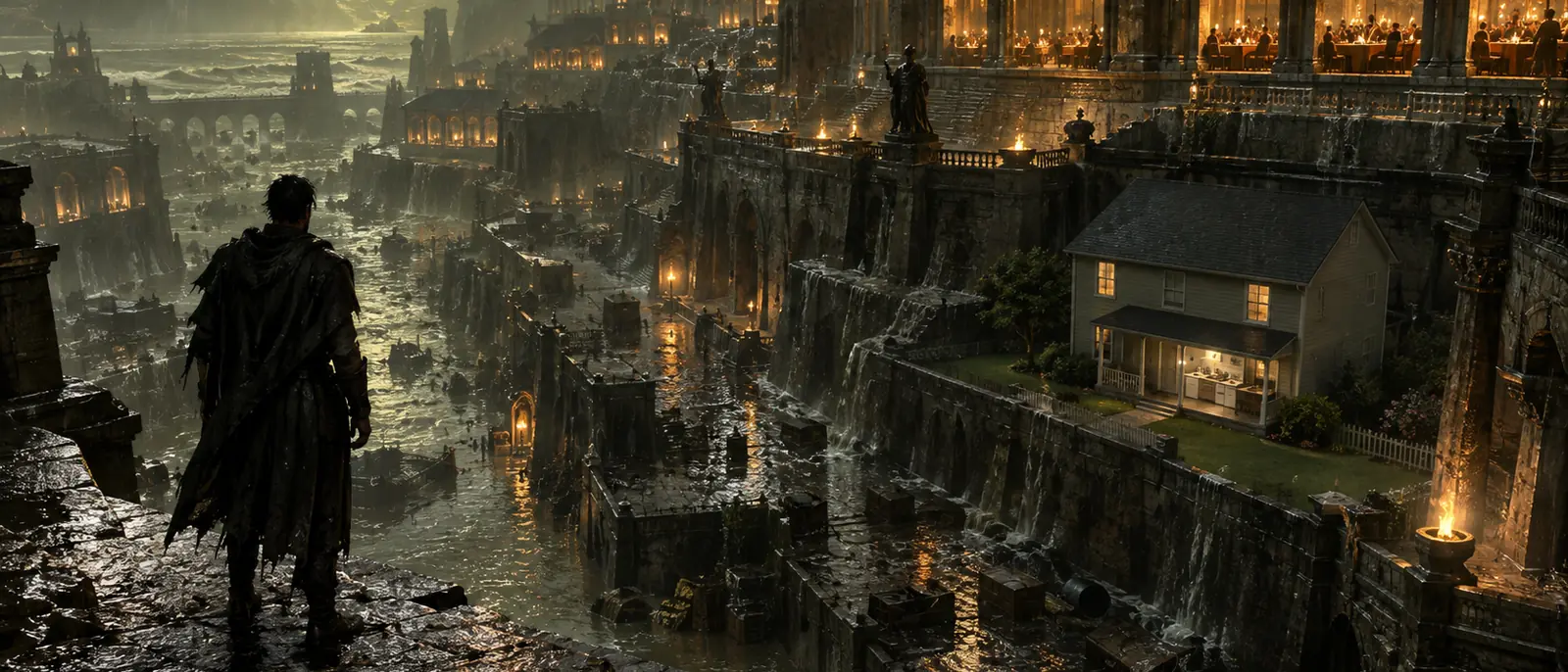 A cloaked man stands at the edge of a lamplit city of wet stone arcades, beside a small, warmly lit house that doesn't belong there.