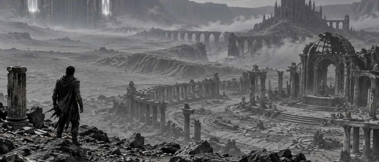 A lone man stands among grey ruins and mist, with distant gates and a citadel on the horizon.