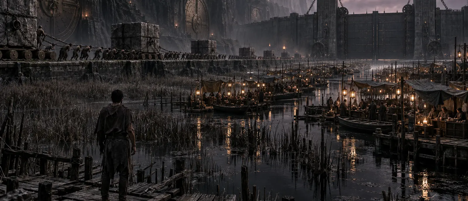 A man stands on a rotting pier above black water crowded with moored boats and lanterns, beneath a vast walled harbor.