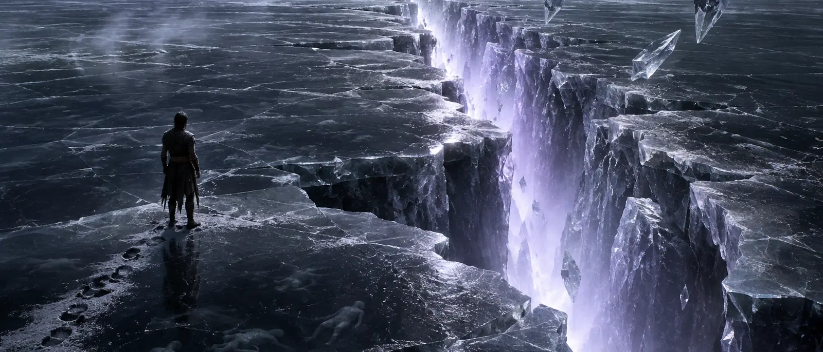 A lone figure stands on cracked black ice beside a vast fissure lit violet-white from below, with pale bodies frozen beneath the surface.