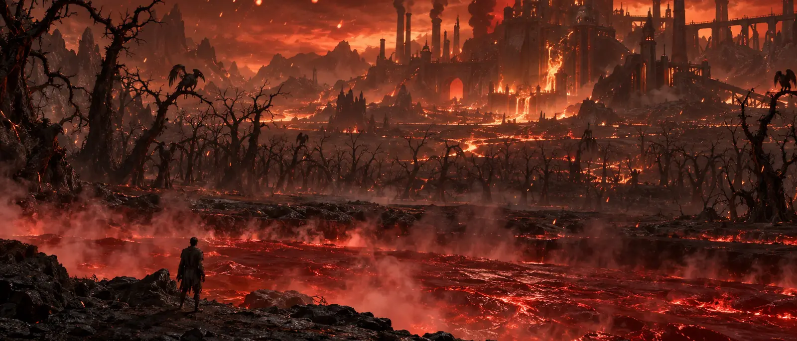 A small figure stands at the shore of a glowing red river, below a burning city and blackened trees.