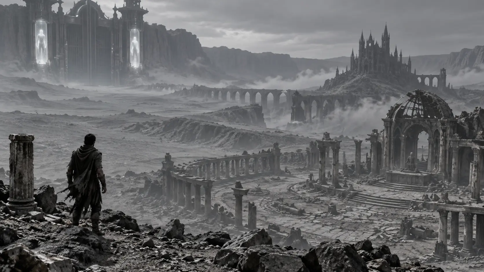 A lone man stands on a ridge above the grey ruins of Limbo, with distant gates and a citadel lost in mist.