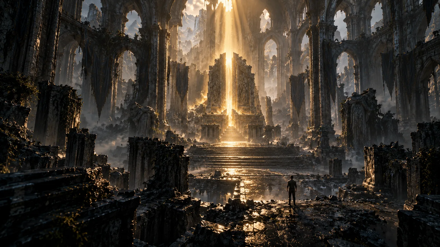 A vast ruined sanctuary opens around a distant shaft of golden light.