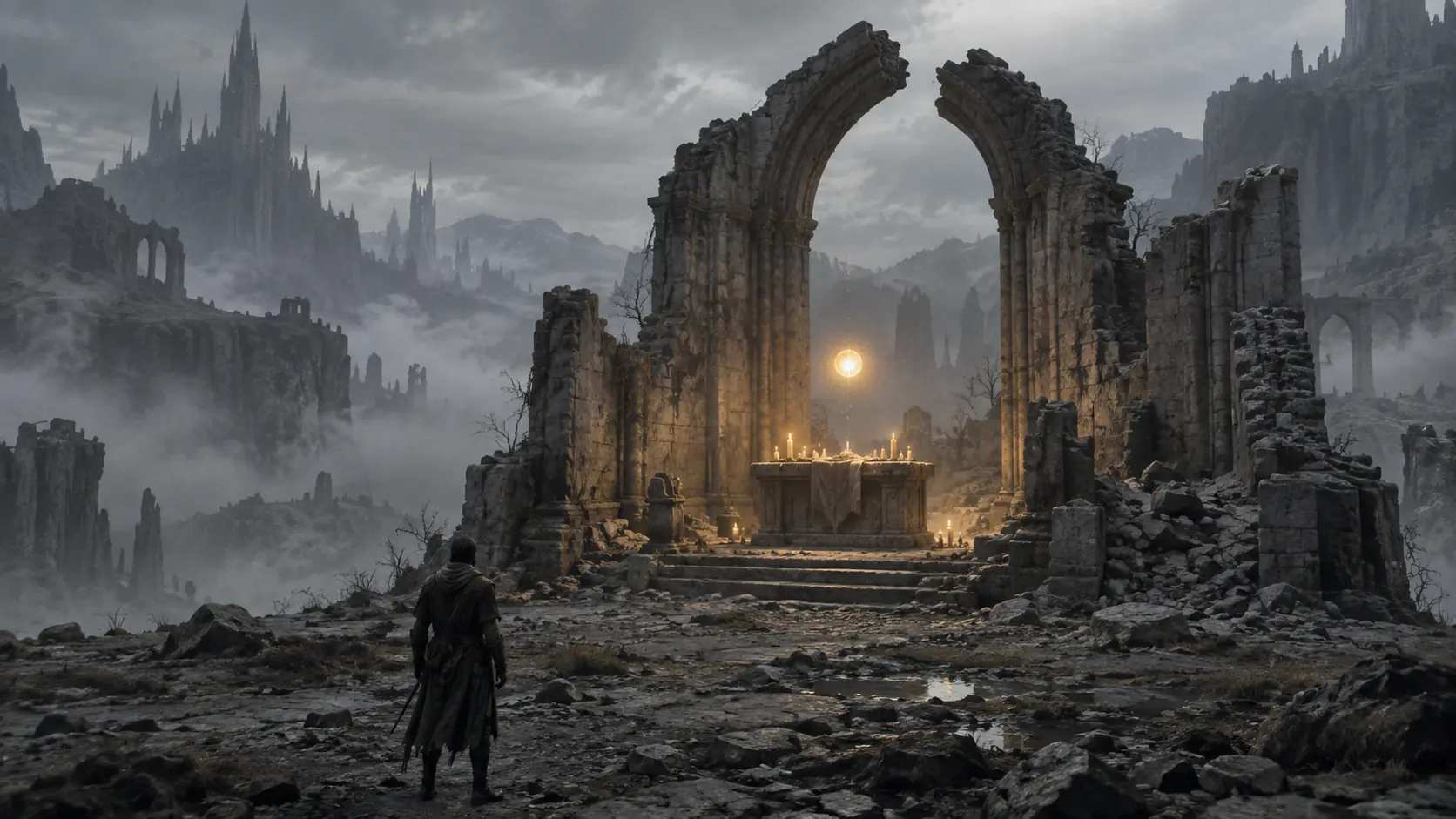 A lone traveler crosses grey ruins toward a broken stone arch lit by a single warm light.