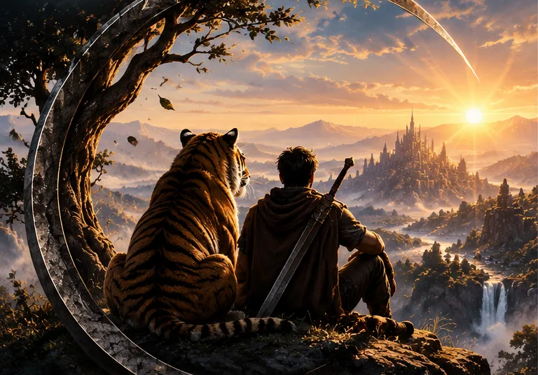 A young traveler and a tiger sit together on a cliff beneath an old tree, watching the sun set over a distant castle and waterfalls.